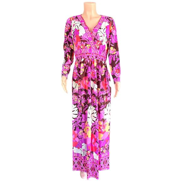 Vintage 60s 70s Psychedelic Mod Style Pink Mod Flower Maxi Dress Hostess Gown - Picture 2 of 16